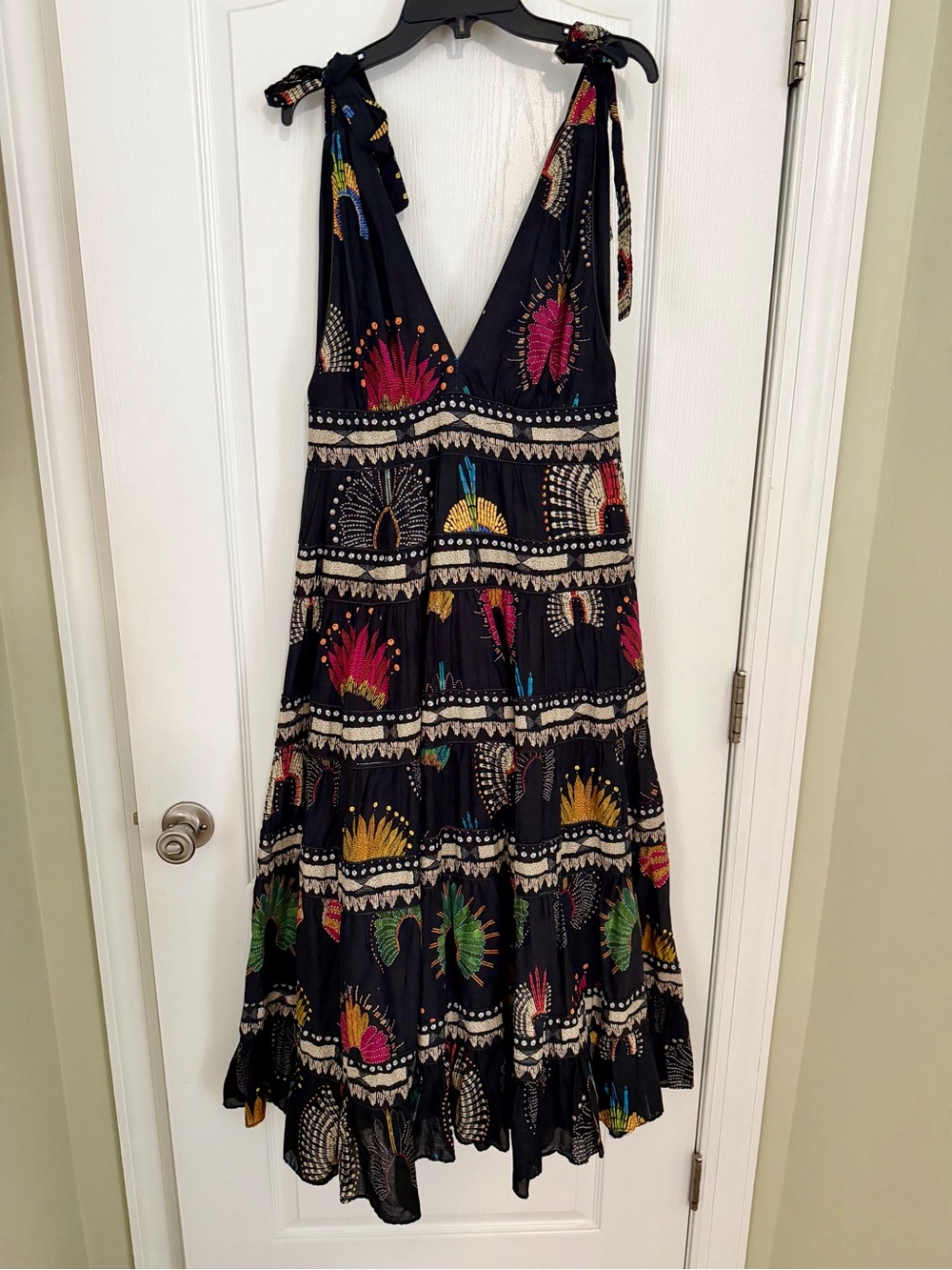 FARM Rio Black Floral-Print Tie-Shoulder Midi Dress